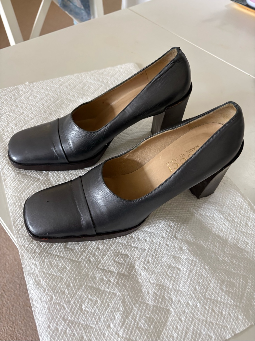 Gucci Black Square-Toe Leather Block Heels